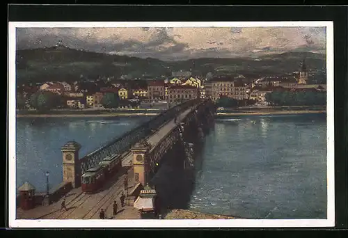 Künstler-AK Linz a. D., Strassenbahn über der Urfahr