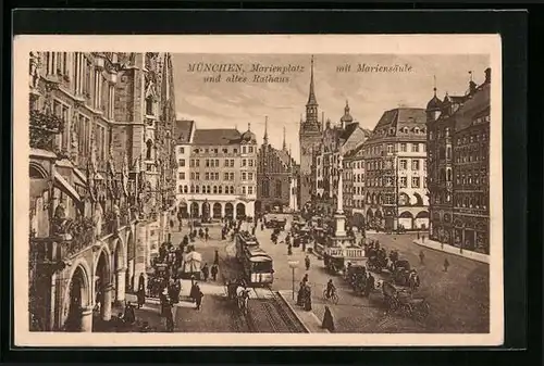 AK München, Marienplatz mit Mariensäule und altes Rathaus, Strassenbahn