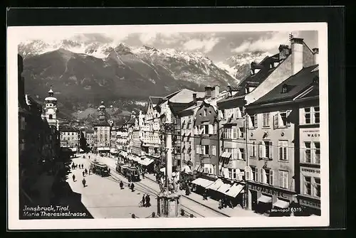 AK Innsbruck, Strassenbahn in der Maria Teresiastrasse