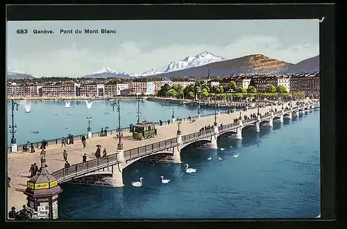 AK Genève, Pont du Mont Blanc, Strassenbahn