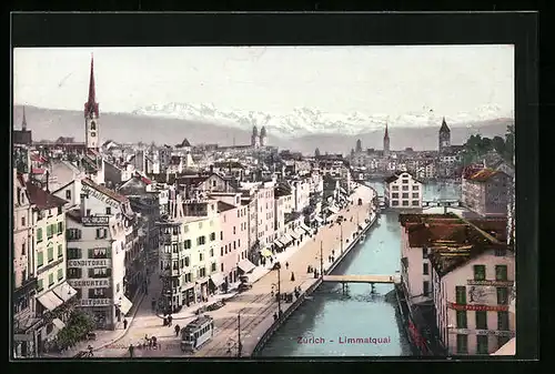 AK Zürich, Limmatquai, Strassenbahn