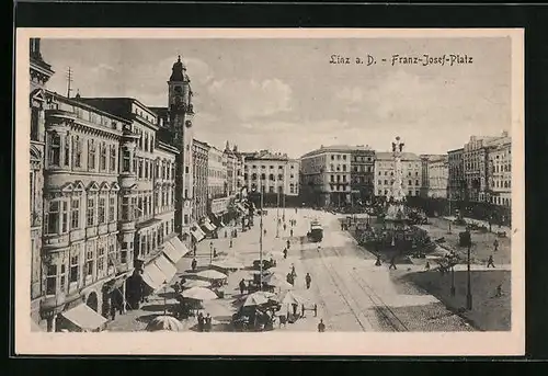 AK Linz a. D., Strassenbahn auf dem Franz-Josef-Platz