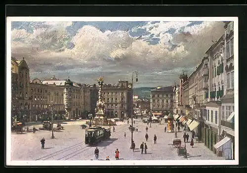 Künstler-AK Linz a. D., Strassenbahn auf dem Franz-Josef-Platz