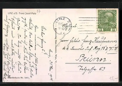 Künstler-AK Linz a. D., Strassenbahn auf dem Franz-Josef-Platz