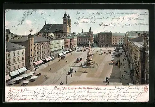 AK Linz a. D., Franz Josef Platz gegen die Domkirche, Strassenbahn