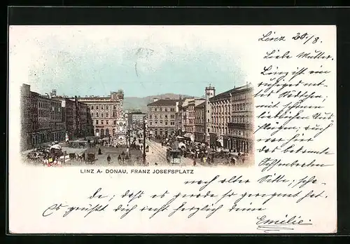 AK Linz a. D., Strassenbahn am Franz Josefplatz