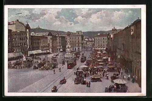 Künstler-AK Linz a. D., Strassenbahn am Franz-Josef-Platz