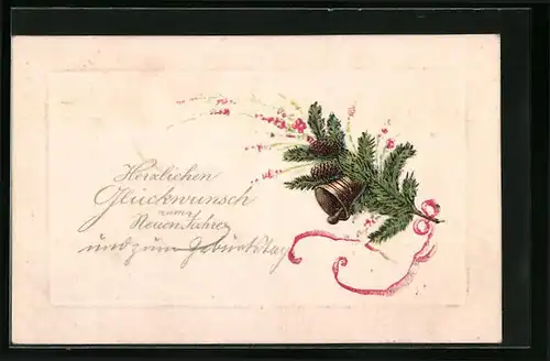 AK Neujahrsgruss mit Glocke am Tannenzweig