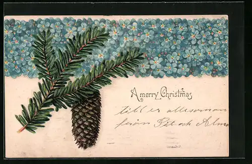 Präge-AK Weihnachtsgruss mit Tannenzweig und Tannenzapfen