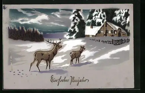 AK Rehe vor Haus im Winter, Neujahr