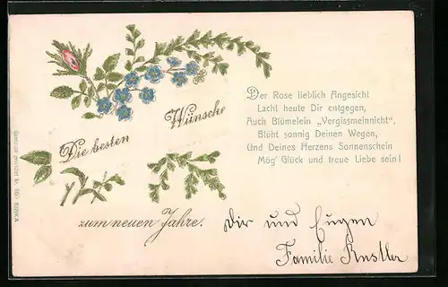 AK Neujahrsgruss mit Vergissmeinnicht und Blattgrün