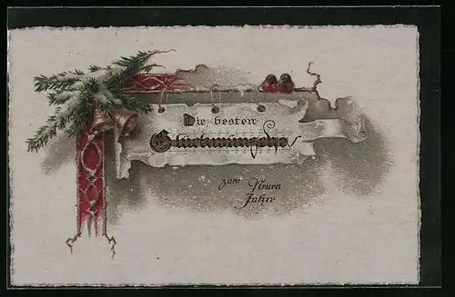 AK Neujahrsgruss mit Glocken und Vögeln