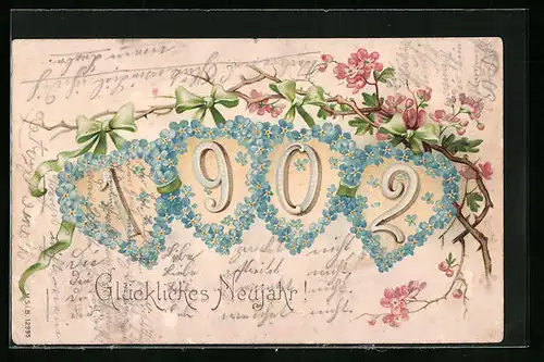 AK Jahreszahl 1902 umgeben von Herzen aus Vergissmeinnicht