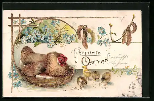 AK Henne mit pickenden Osterküken