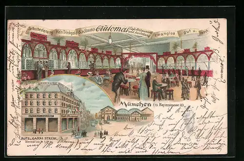 Lithographie München, Cafe-Restaurant Automat, Bayerstrasse 13, Hotel Garni Strebl