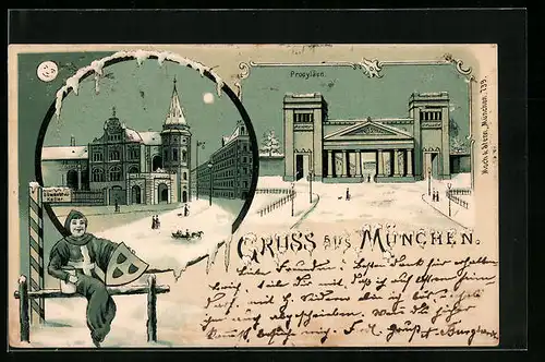 Winter-Lithographie München, Propyläen, Strassenpartie mit Löwenbräukeller