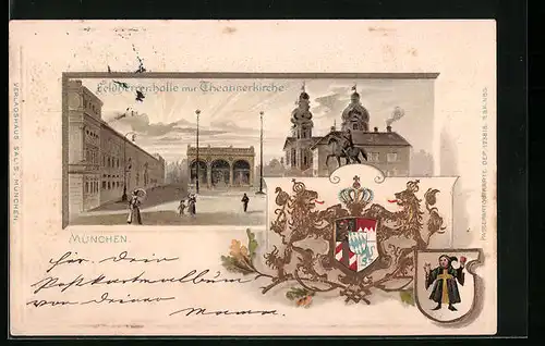 Passepartout-Lithographie München, Feldherrenhalle mit Theatinerkirche, Wappen
