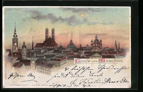 Lithographie München, Totalansicht mit Frauenkirche im Abendrot, Halt gegen das Licht: Mondschein