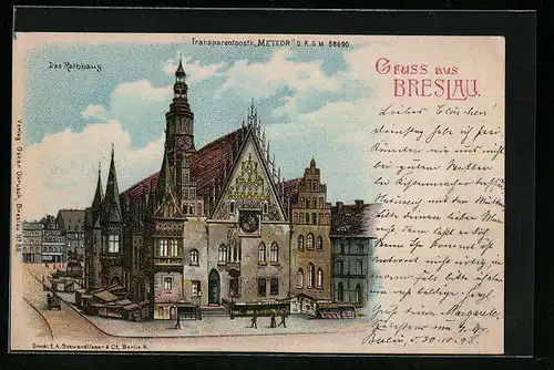 Lithographie Breslau, Das Rathaus von der Strasse betrachtet, Halt gegen das Licht: Mondschein und Fensterbeleuchtung