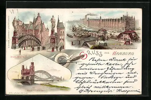 Lithographie Hamburg, Brooks Brücke, Freihafen mit Lagerhäusern, Neue Elbbrücke