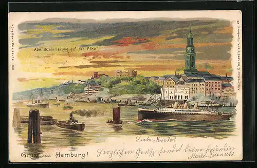 Lithographie Hamburg, Abenddämmerung auf der Elbe mit Dampfschiffen