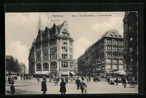 AK Hamburg, Blick in die Mönckeberg- und Rathausstrasse mit Stadt-Café