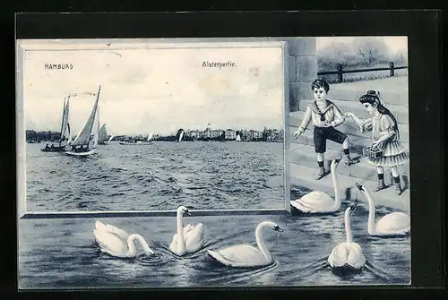 AK Hamburg, Alsterpartie mit Kindern die Schwäne füttern
