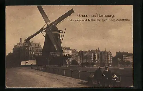 AK Hamburg, Feldstrasse und Mühle auf dem Heiligengeistfelde