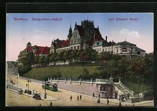 AK Hamburg-St.Pauli, Navigations-Schule und Wiezels Hotel mit Strassenbahn
