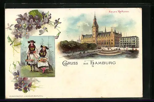 Lithographie Hamburg, Neues Rathaus und Frauen in Tracht