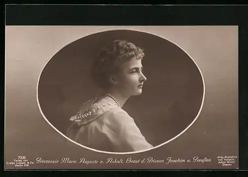 AK Prinzessin Marie Auguste von Anhalt, Braut des Prinzen Joachim von Preussen, Portrait