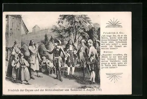 Künstler-AK König Friedrich II. (der Grosse) und der Mühlenbesitzer von Sanssouci, Dialog