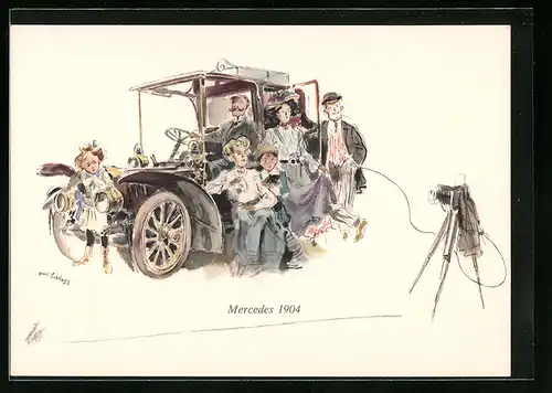 Künstler-AK Stuttgart, Frühzeitliches Automobil der Firma Mercedes 1904