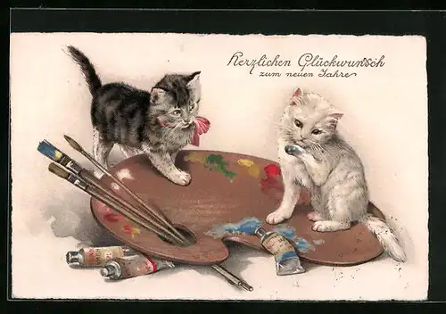 Künstler-AK Zwei Kätzchen mit Palette und Farbtuben
