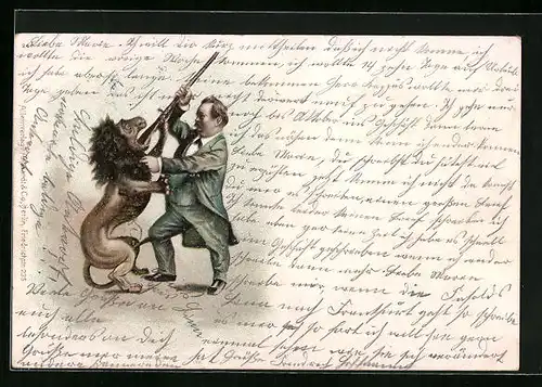 Lithographie Löwe im Kampf mit Mann mit Gewehr
