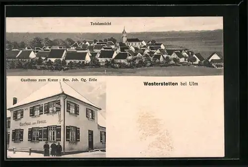 AK Westerstetten bei Ulm, Gasthaus zum Kreuz im Schnee, Teilansicht mit Kirche