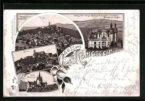 Vorläufer-Lithographie Königstein i. T., 1895, Schloss Ihrer Königl. Hoheit der Fr. Grossherz. v. Luxemburg