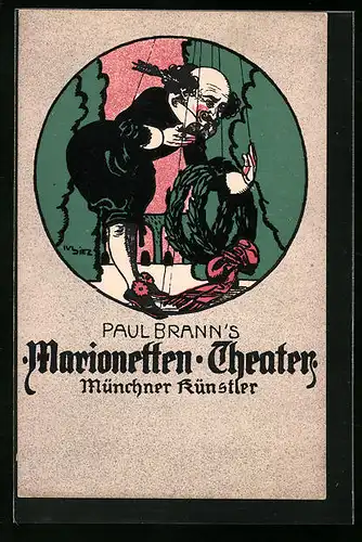 Künstler-AK München, Paul Branns Marionetten-Theater, Shakespeare mit Pfeil im Kopf