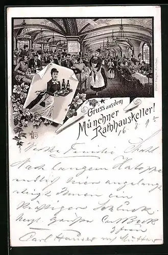 Vorläufer-Lithographie München, 1895, Gasthaus Rathauskeller, Innenansicht