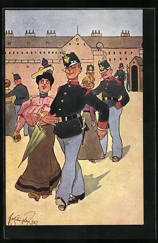 Künstler-AK Fritz Schönpflug: Soldaten in Damenbegleitung