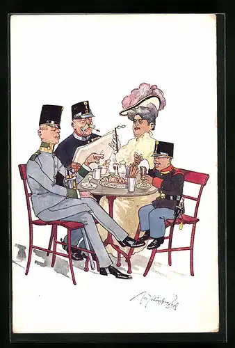 Künstler-AK Fritz Schönpflug: Soldaten essen am Tisch in Damengesellschaft