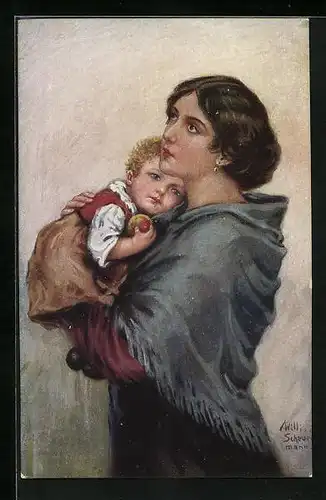 Künstler-AK Willi Scheuermann: Vaterlos, Mutter mit ihrem Kind
