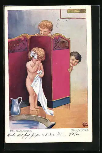 Künstler-AK Willi Scheuermann: Die G`schamige, Mädchen vor Paravent