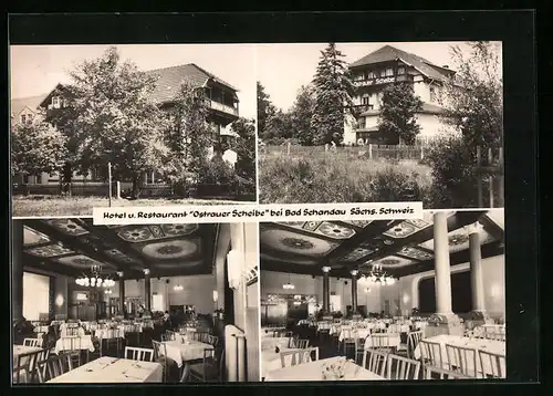 AK Bad Schandau /Sächs. Schweiz, Hotel und Restaurant Ostrauer Scheibe, Aussen- und Innenansichten