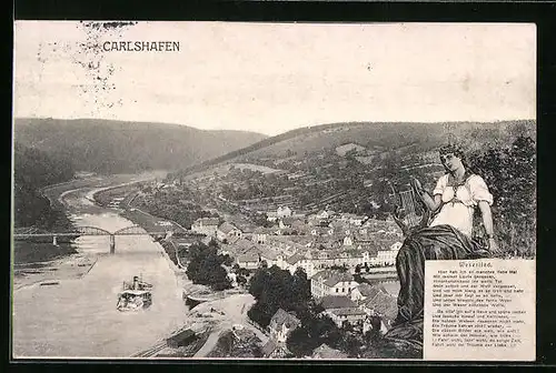 AK Carlshafen, Gesamtansicht mit der Weser aus der Vogelschau