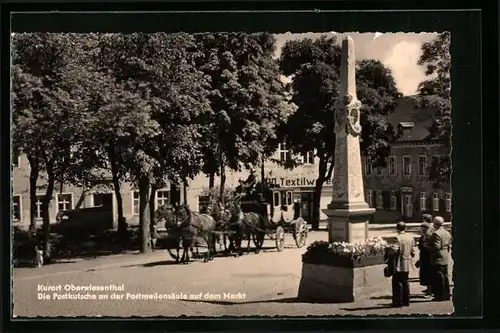 AK Oberwiesenthal, Die Postkutsche an der Postmeilensäule auf dem Markt
