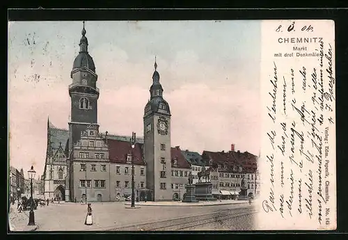 AK Chemnitz, Markt mit drei Denkmälern