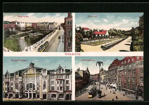 AK Chemnitz, Rosenplatz, Rosarium, Centraltheater, Johannisplatz
