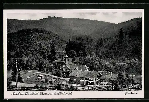 AK Manebach /Thür. Wald, Ortspartie mit dem Gasthof Teichmühle
