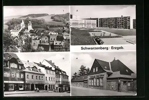 AK Schwarzenberg /Erzgeb., Teilansicht mit Schloss, Blick zur Kinderkombination, Platz der Befreiung